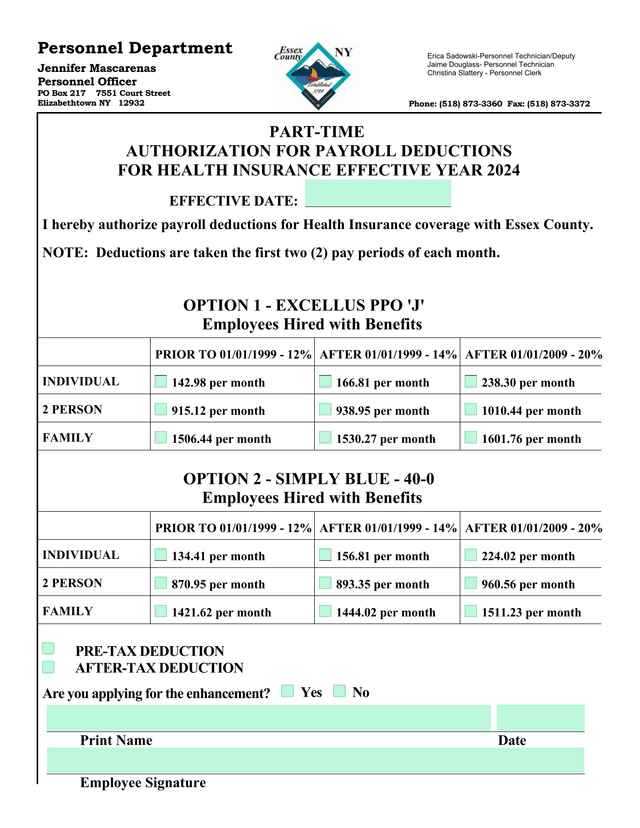 PART TIME AUTHORIZATION FOR PAYROLL DEDUCTIONS FOR HEALTH INSURANCE EFFECTIVE YEAR 2024 screenshot