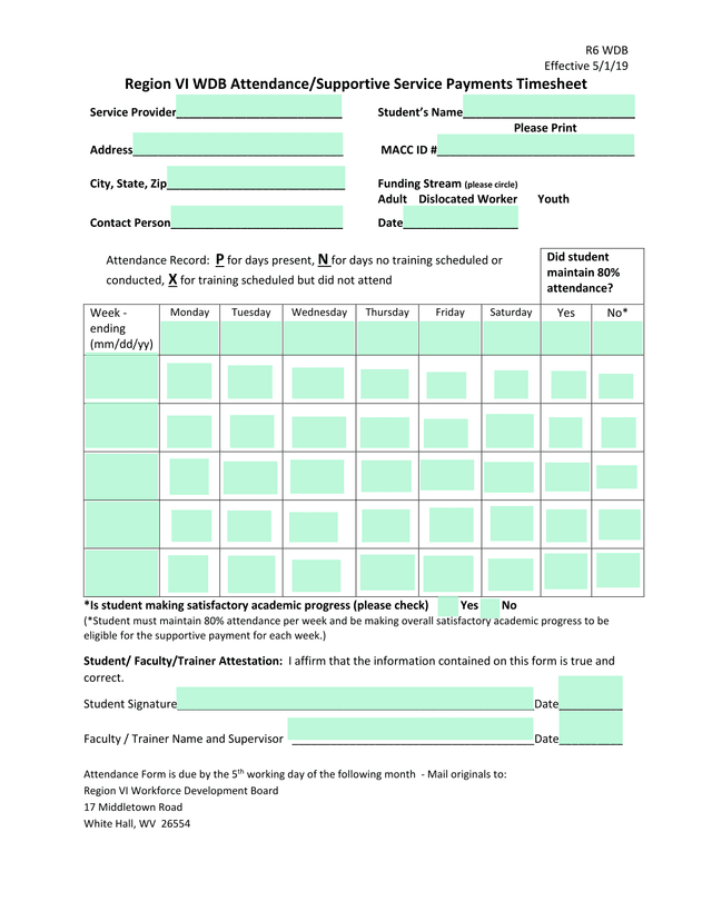 Region VI WDB AttendanceSupportive Service Payments Timesheet screenshot