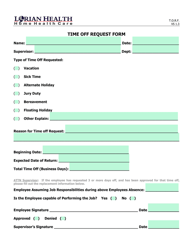 Time Off Request Form screenshot