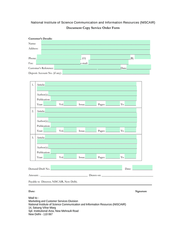 NISCAIR Document Copy Service Order Form screenshot
