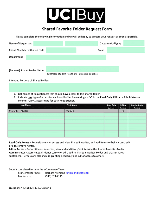Shared Favorite Folder Request Form screenshot