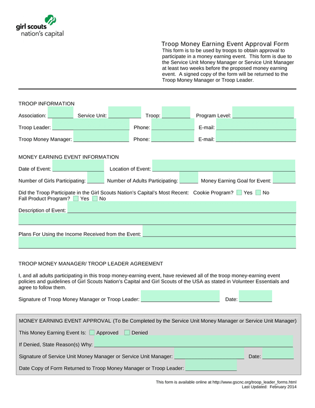 Troop Money Earning Event Approval Form screenshot