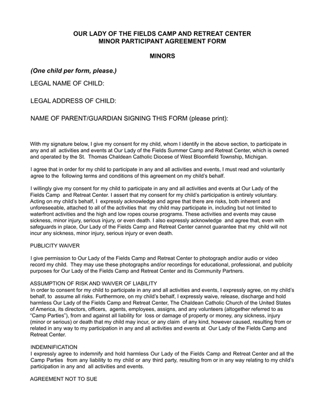 MINOR PARTICIPANT AGREEMENT FORM screenshot