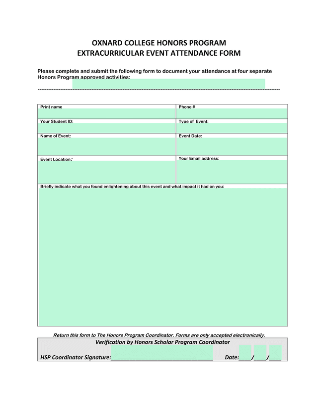 Oxnard College Honors Program Extracurricular Event Attendance Form screenshot