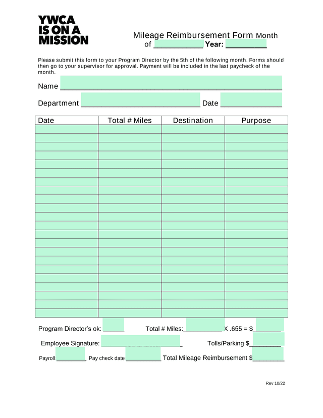 Mileage Reimbursement Form screenshot