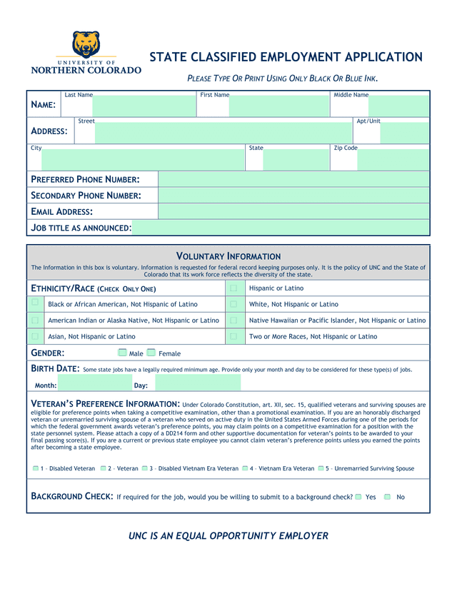 STATE CLASSIFIED EMPLOYMENT APPLICATION screenshot
