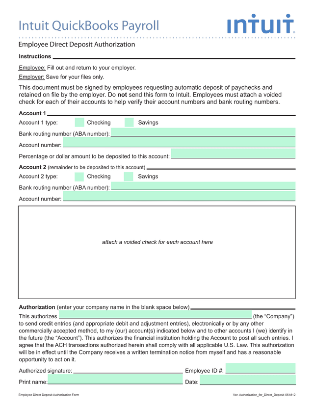 Employee Direct Deposit Authorization Form screenshot