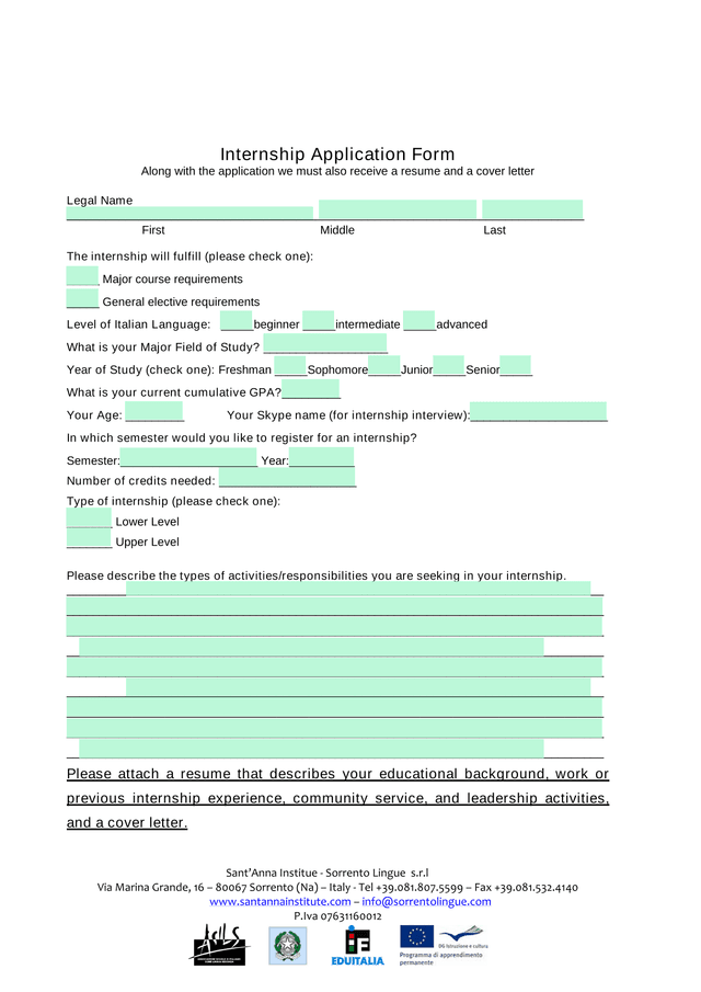 Internship Application Form screenshot