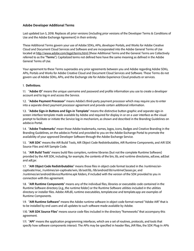 Adobe Developer Additional Terms screenshot