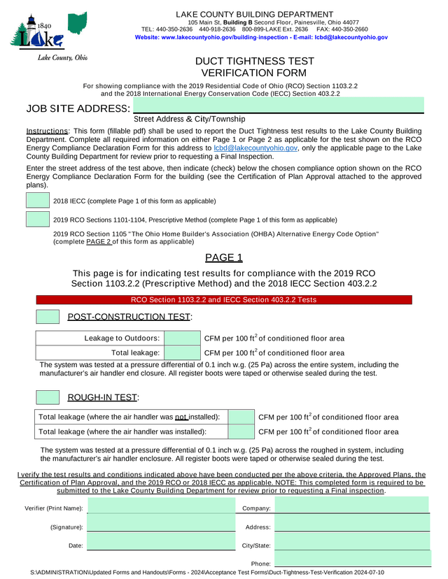 Duct Tightness Test Verification Form screenshot