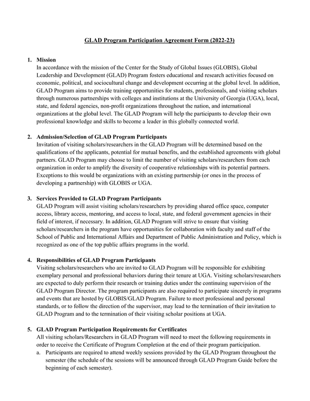 GLAD Program Participation Agreement Form (2022 23) screenshot