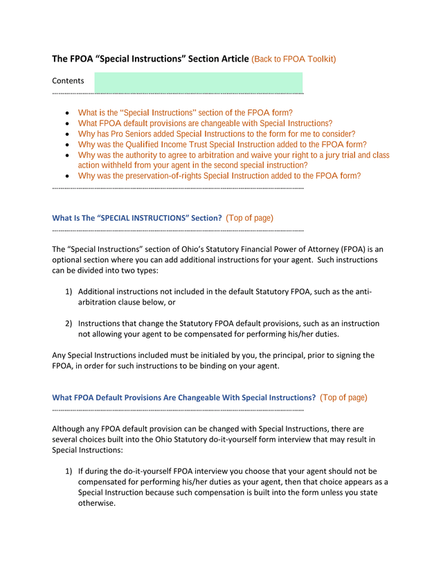 Financial Power Of Attorney (FPOA) Special Instructions screenshot