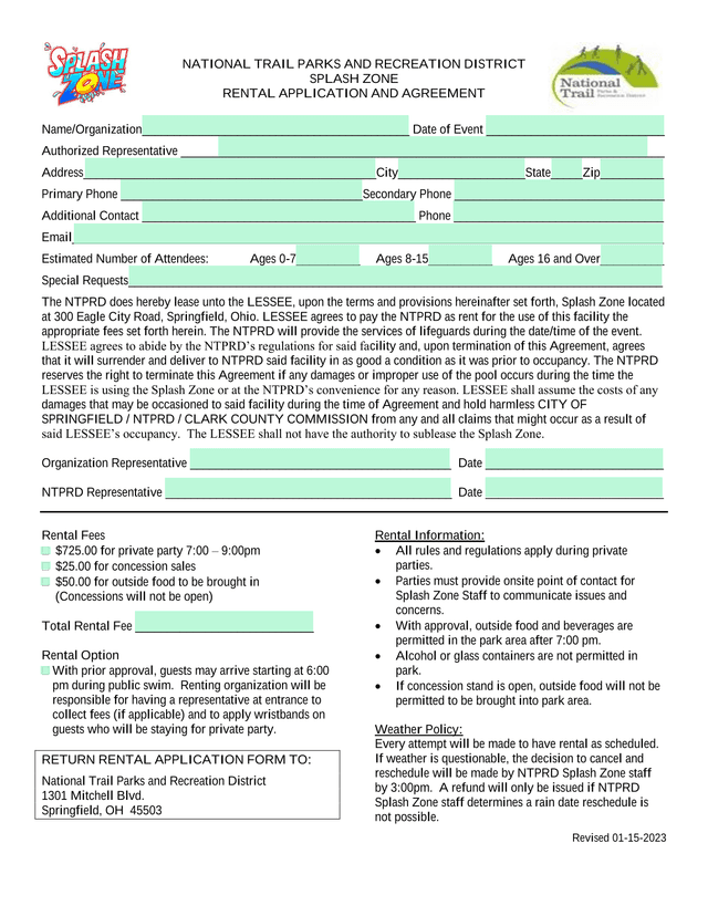 SPLASH ZONE RENTAL APPLICATION AND AGREEMENT screenshot