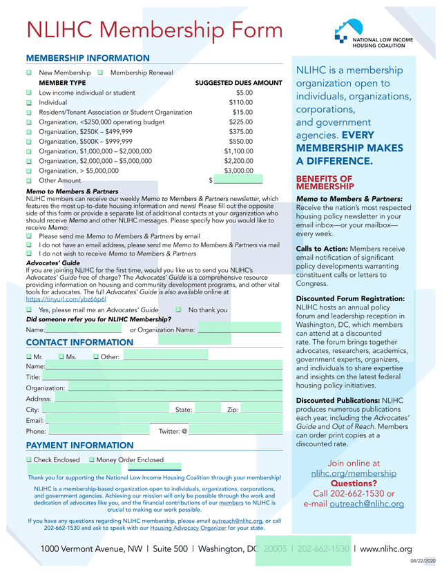 NLIHC Membership Form screenshot