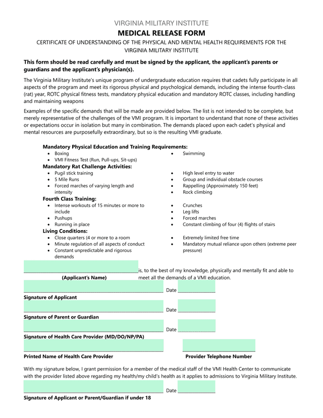Virginia Military Institute Medical Release Form screenshot