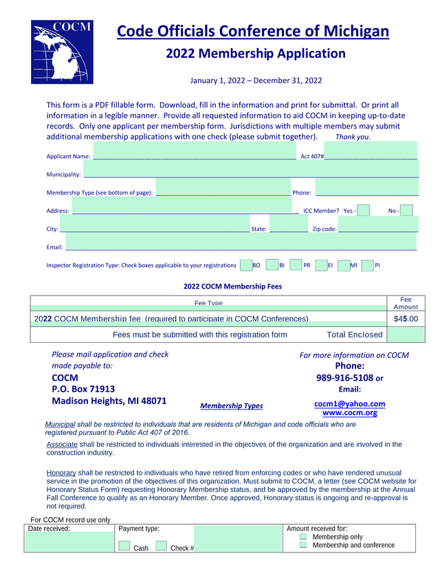 2022 COCM Membership Application screenshot