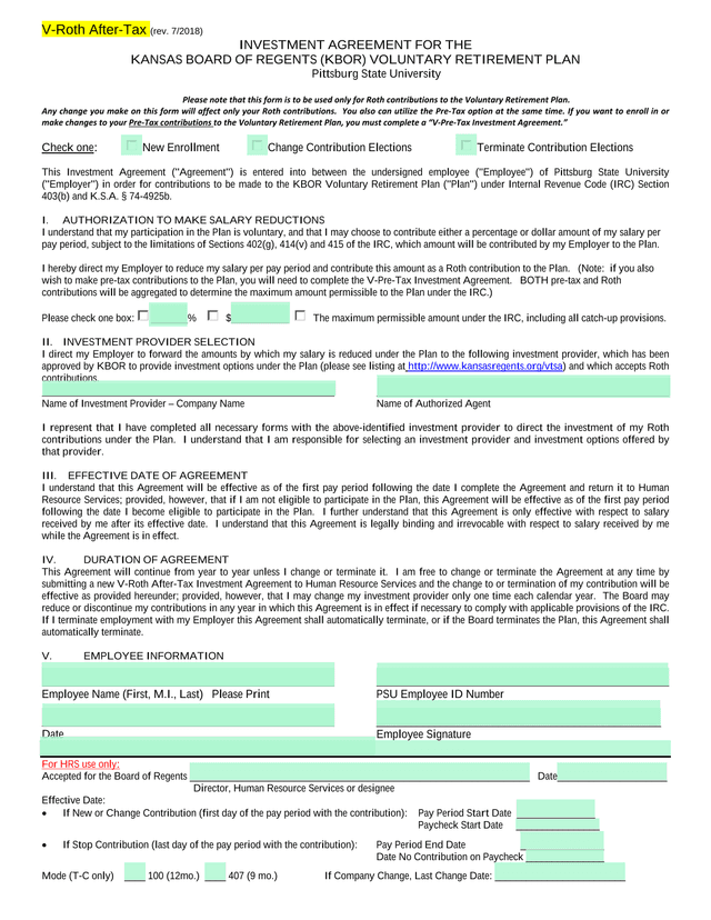 V Roth After Tax (Rev. 72018) INVESTMENT AGREEMENT FOR THE KANSAS BOARD OF REGENTS (KBOR) VOLUNTARY  screenshot