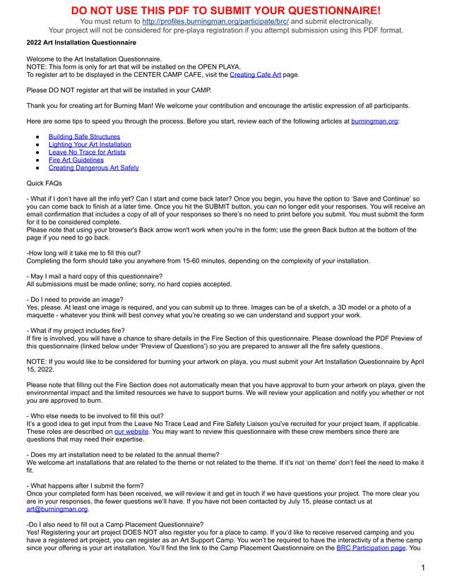 2022 Art Installation Questionnaire screenshot