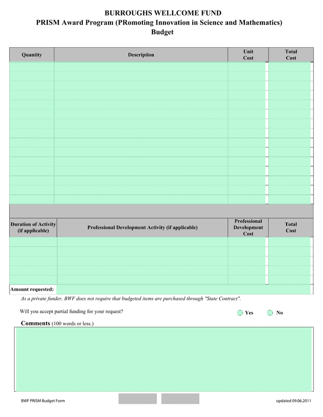 BWF PRISM Budget Form screenshot