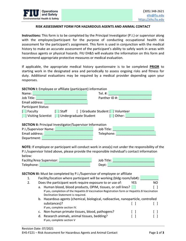 Risk Assessment For Hazardous Agents And Animal Contact screenshot