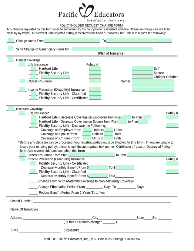 POLICYHOLDER REQUEST CHANGE FORM screenshot