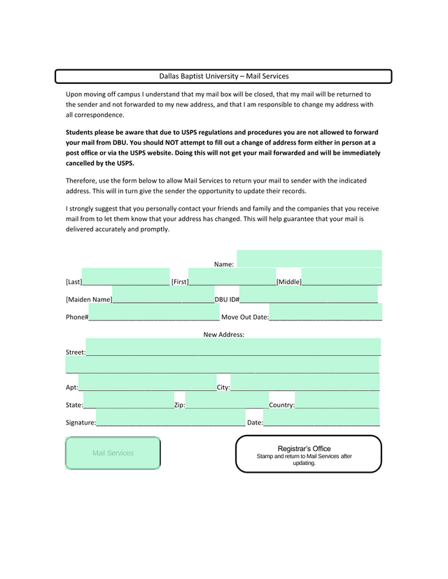 Mail Services Change Of Address Form screenshot