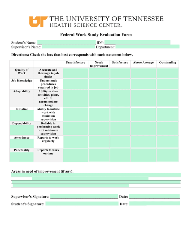 Federal Work Study Evaluation Form screenshot