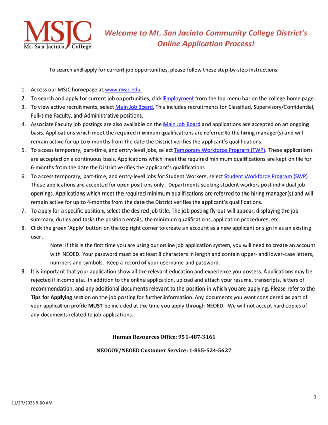 Mt. San Jacinto Community College District Online Application Process Instructions screenshot
