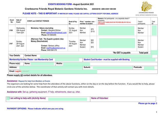 Events Booking Form  August Quicklink 2021 screenshot