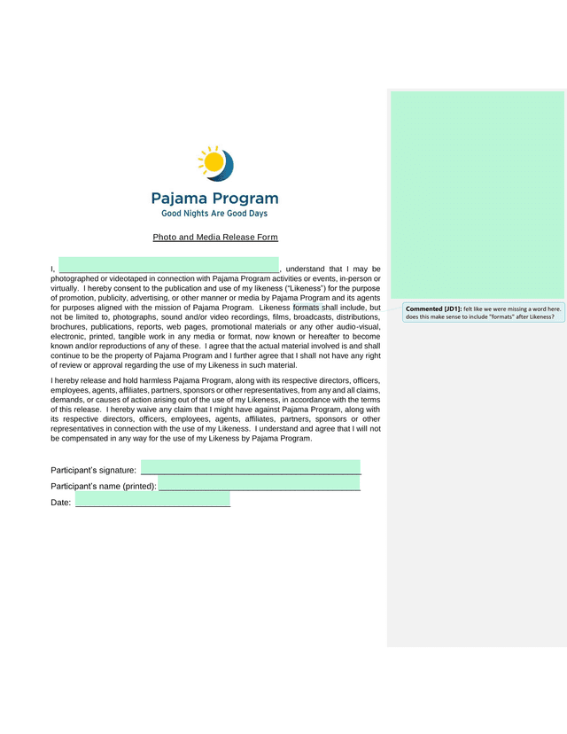 Photo And Media Release Form screenshot