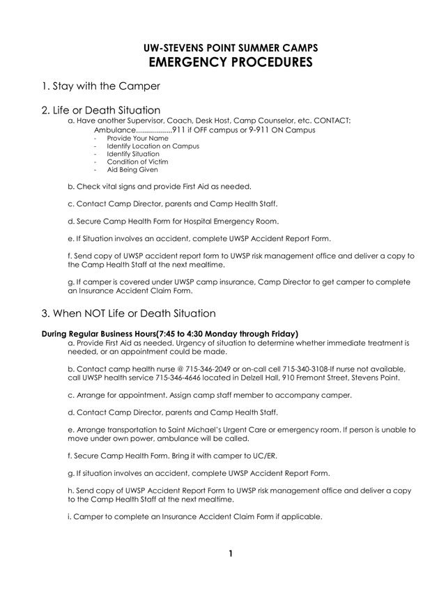 UW Stevens Point Summer Camps Emergency Procedures screenshot