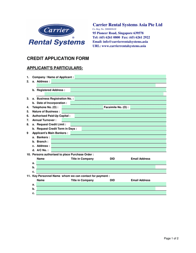 Credit Application Form screenshot
