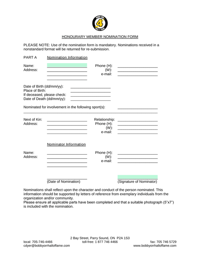 HONOURARY MEMBER NOMINATION FORM screenshot