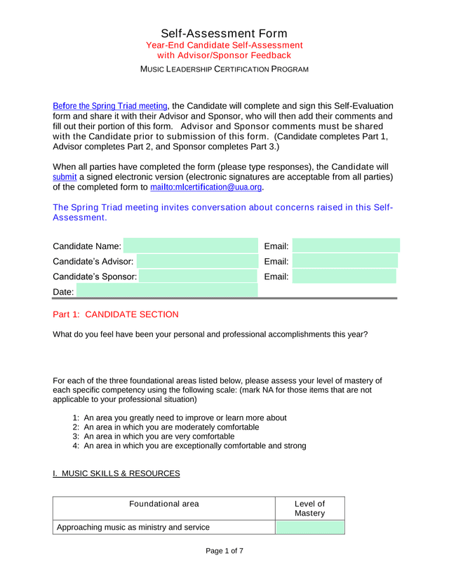 Self Assessment Form Year End Candidate Self Assessment With AdvisorSponsor Feedback screenshot