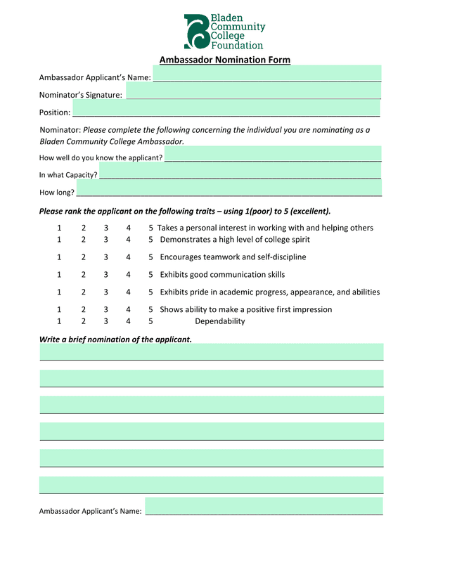 Ambassador Nomination Form screenshot
