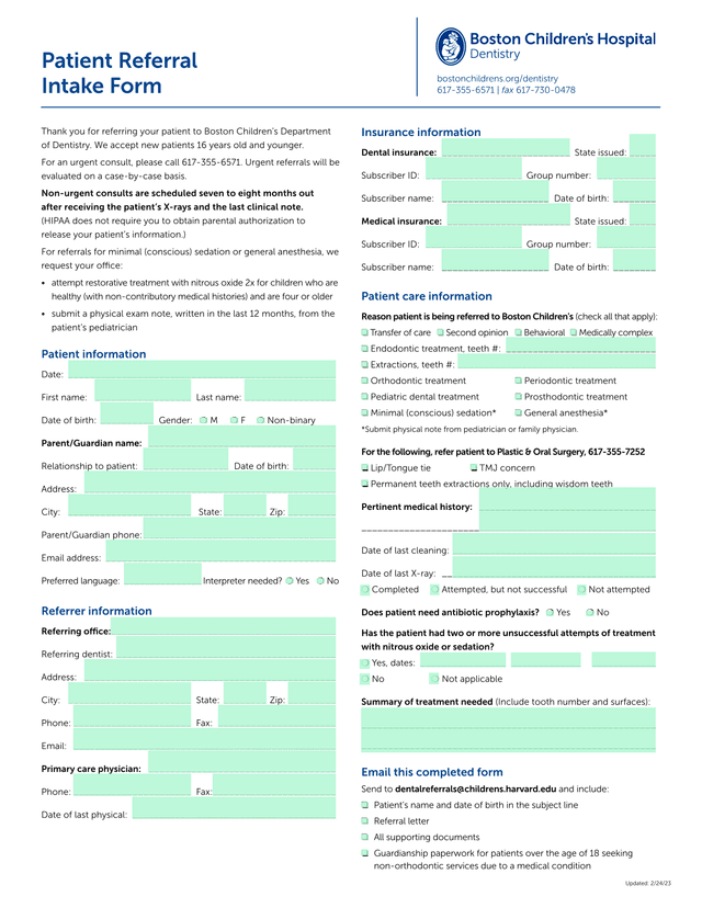 Patient Referral Intake Form screenshot