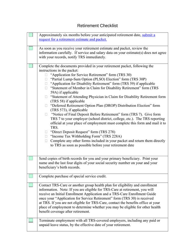 Retirement Checklist screenshot