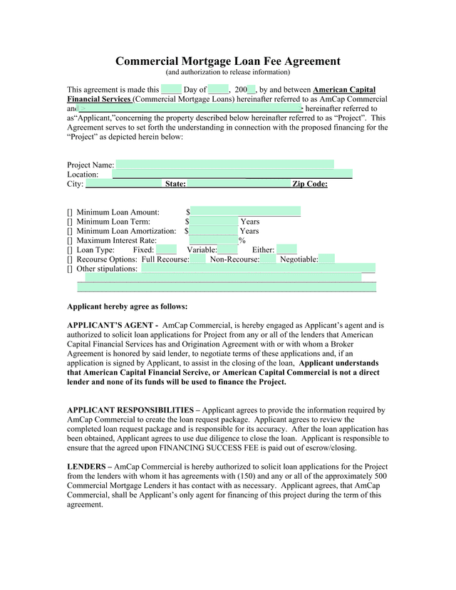 Commercial Mortgage Loan Fee Agreement screenshot