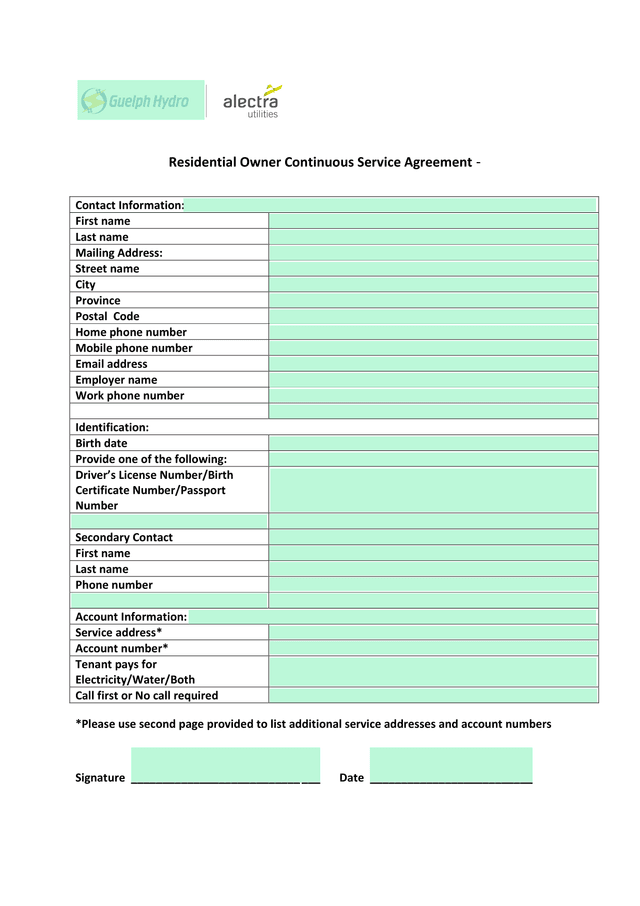 Residential Owner Continuous Service Agreement screenshot