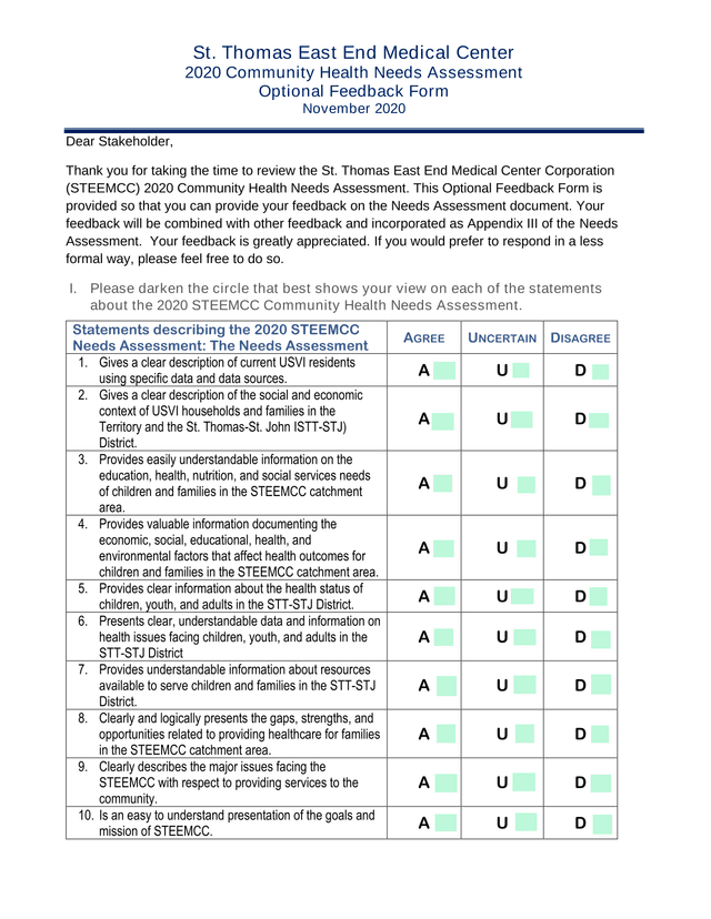 St. Thomas East End Medical Center 2020 Community Health Needs Assessment Optional Feedback Form screenshot