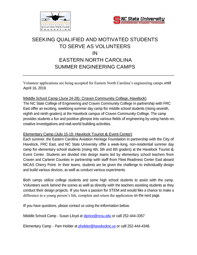 VOLUNTEER APPLICATION Summer Engineering Camps In Eastern North Carolina screenshot