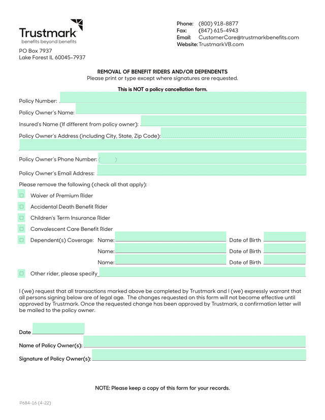 Removal Of Benefit Riders AndOr Dependents screenshot