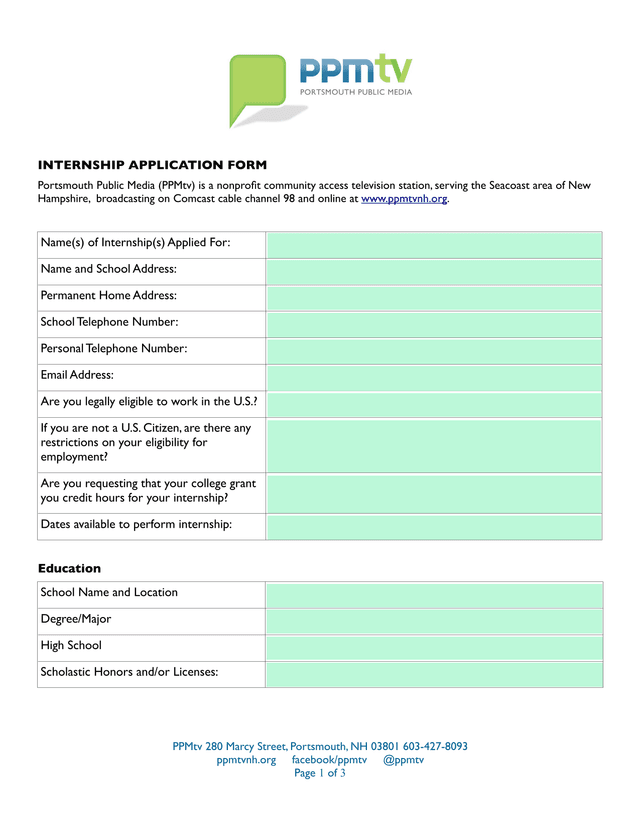 Internship Application Form screenshot