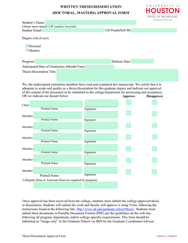 WRITTEN THESISDISSERTATION (DOCTORAL, MASTERS) APPROVAL FORM screenshot