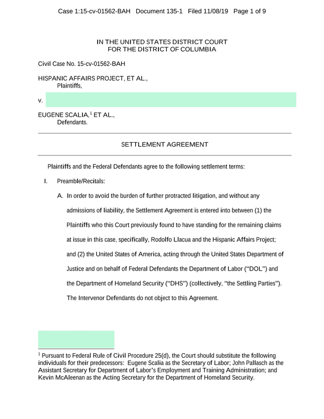 Settlement Agreement (Hispanic Affairs Project V. Scalia) screenshot