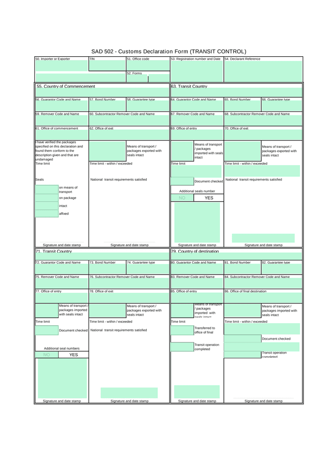 SAD 502   Customs Declaration Form (TRANSIT CONTROL) screenshot