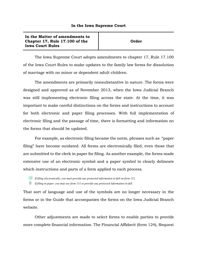 Amendments To Chapter 17, Rule 17.100 Of The Iowa Court Rules screenshot
