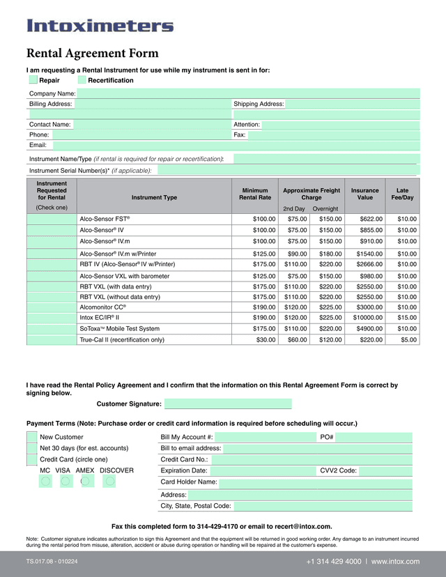 Rental Agreement Form screenshot
