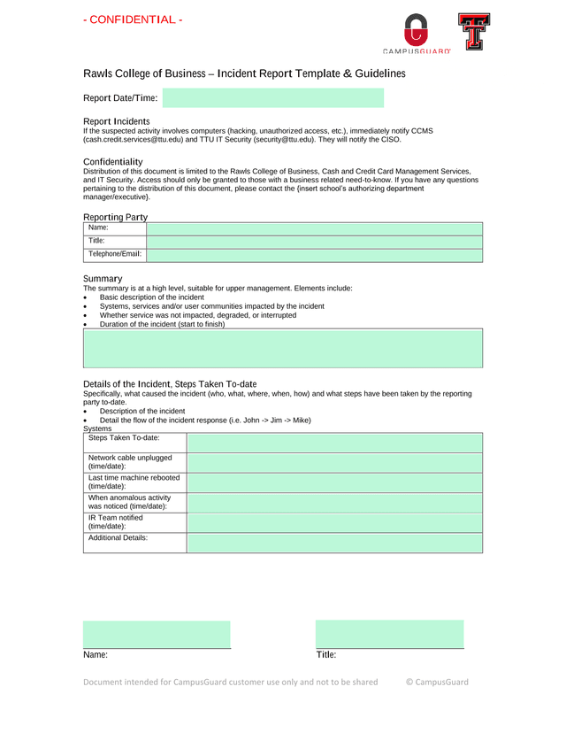 Rawls College Of Business  Incident Report Template  Guidelines screenshot