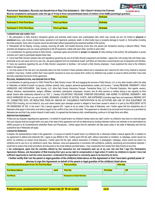 Participant Agreement, Release And Assumption Of Risk screenshot
